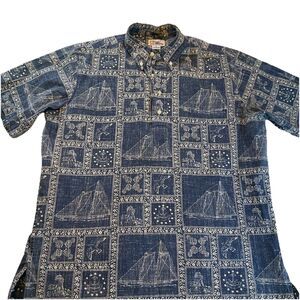 Rey Spooner Hawaiian Mens Pull Over Reverse Print Shirt Blue Sail Boats SZ L